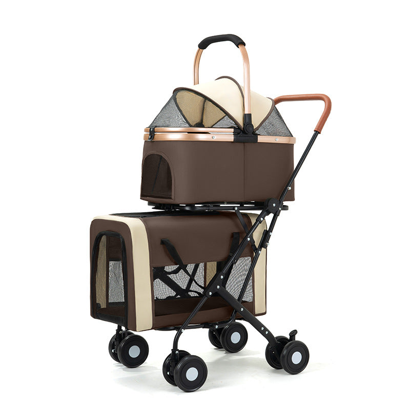 KFX-4076221 Double-layer Portable Outdoor Pet Stroller in Army Green, Khaki, and Black