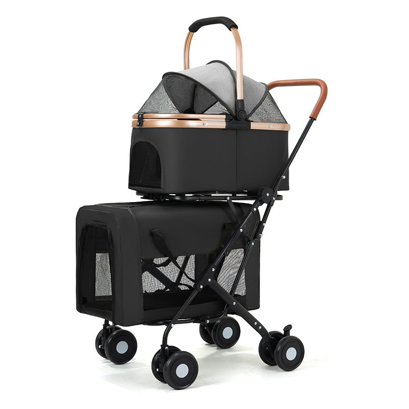 KFX-4076221 Double-layer Portable Outdoor Pet Stroller in Army Green, Khaki, and Black