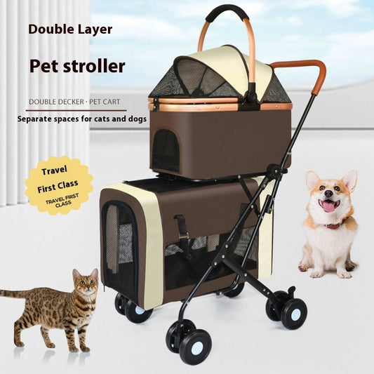 KFX-4076221 Double-layer Portable Outdoor Pet Stroller in Army Green, Khaki, and Black