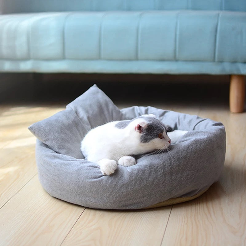 KFX-4077245 Soft Plush Round Dog Bed with Pillow for Small Dogs and Cats, Suitable for Puppies and Kittens