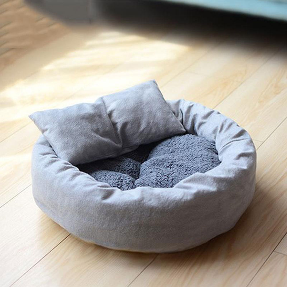 KFX-4077245 Soft Plush Round Dog Bed with Pillow for Small Dogs and Cats, Suitable for Puppies and Kittens