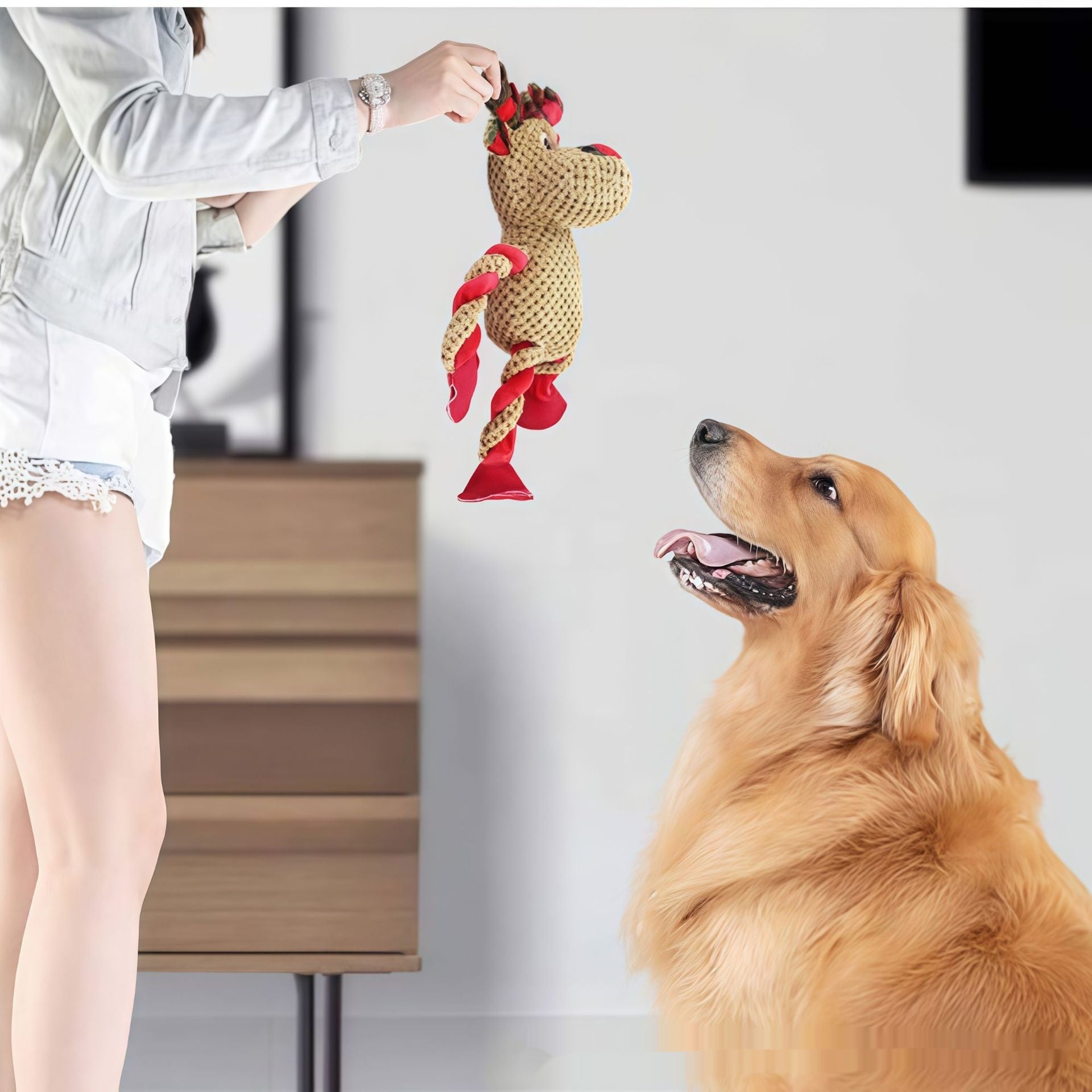 KFX-4079421 Christmas Reindeer Plush Teething and Dental-Cleaning Toy for Pets