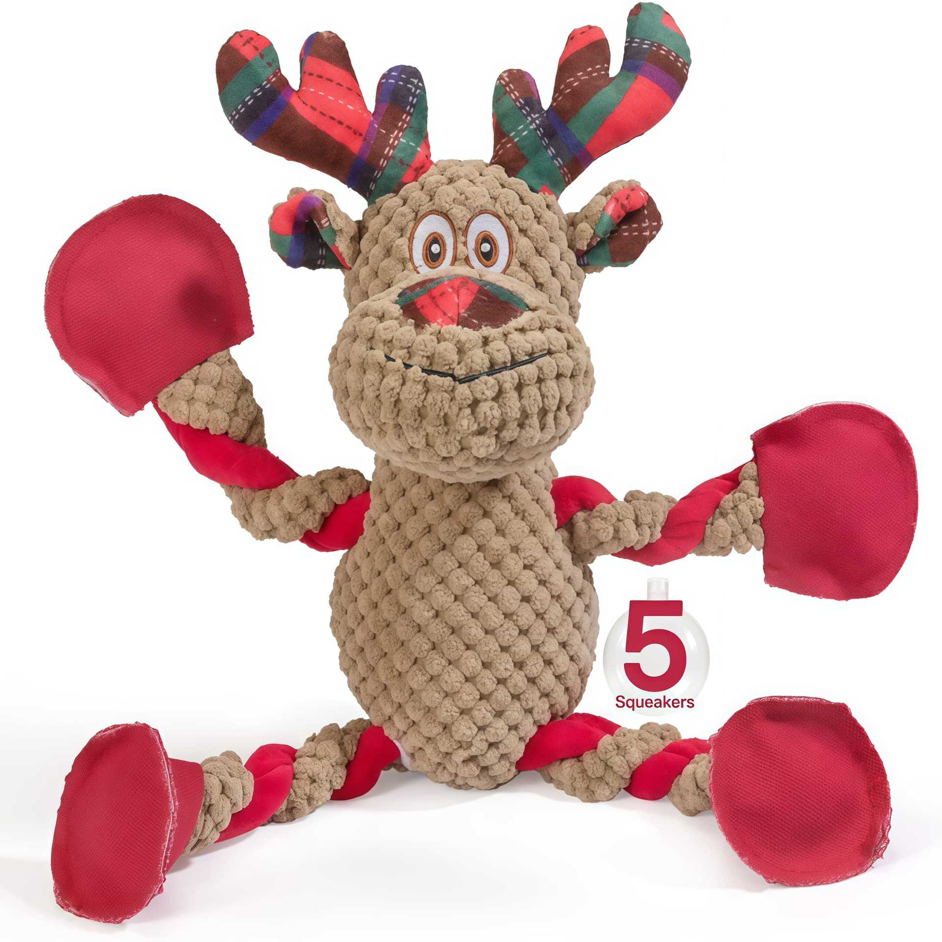 KFX-4079421 Christmas Reindeer Plush Teething and Dental-Cleaning Toy for Pets