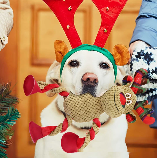 KFX-4079421 Christmas Reindeer Plush Teething and Dental-Cleaning Toy for Pets