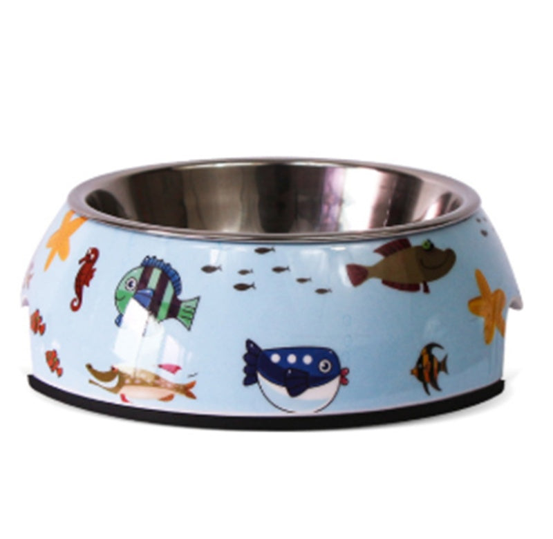 KFX-4079933 Stainless Steel Pet Bowl Set with Melamine Base for Dogs and Cats in Assorted Designs