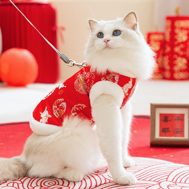 KFX-4084285 Lunar New Year Cotton-Padded Pet Vest with Brocade Design and Faux Fur Trim for Cats and Dogs