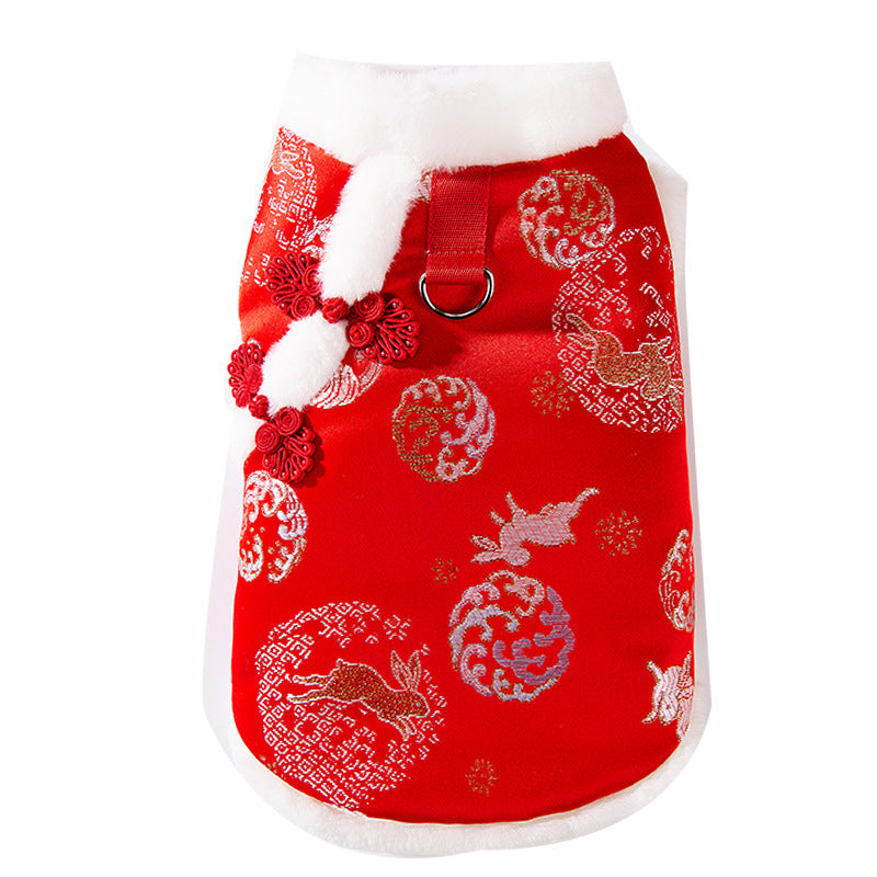 KFX-4084285 Lunar New Year Cotton-Padded Pet Vest with Brocade Design and Faux Fur Trim for Cats and Dogs