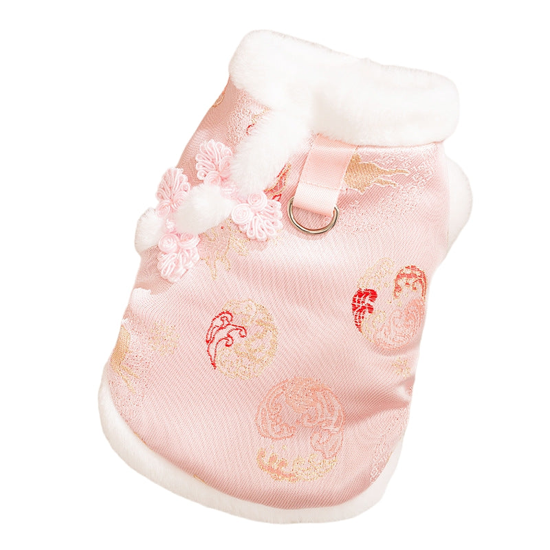KFX-4084285 Lunar New Year Cotton-Padded Pet Vest with Brocade Design and Faux Fur Trim for Cats and Dogs