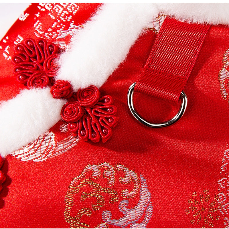 KFX-4084285 Lunar New Year Cotton-Padded Pet Vest with Brocade Design and Faux Fur Trim for Cats and Dogs