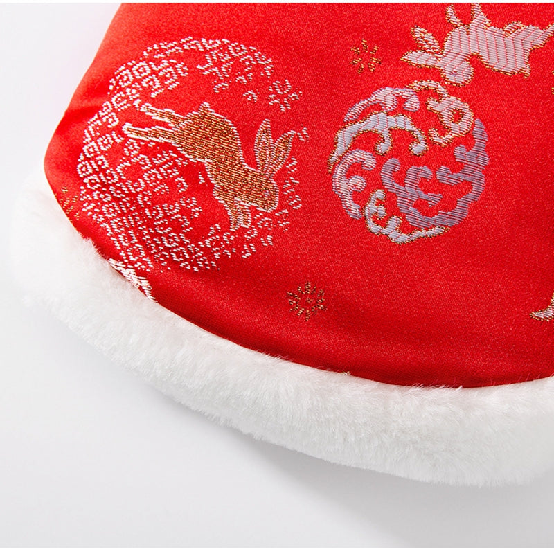 KFX-4084285 Lunar New Year Cotton-Padded Pet Vest with Brocade Design and Faux Fur Trim for Cats and Dogs