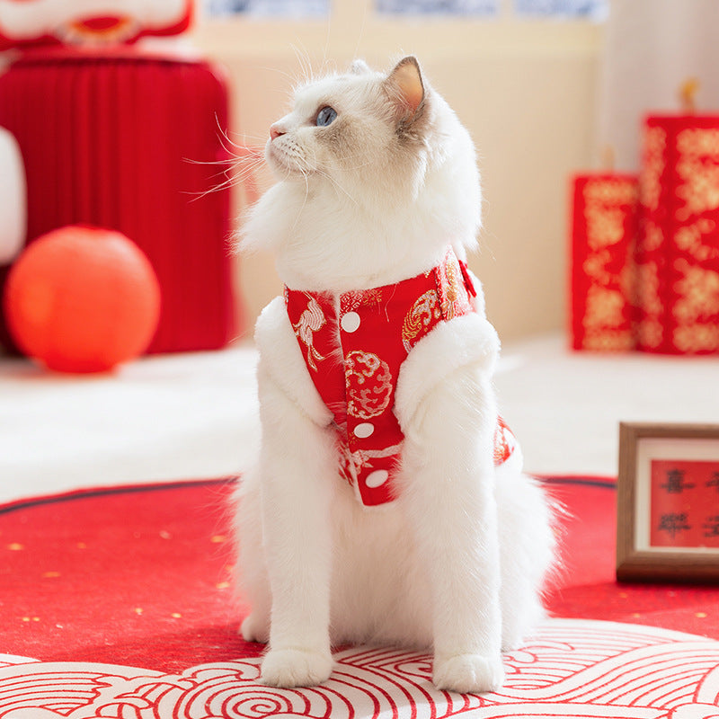 KFX-4084285 Lunar New Year Cotton-Padded Pet Vest with Brocade Design and Faux Fur Trim for Cats and Dogs
