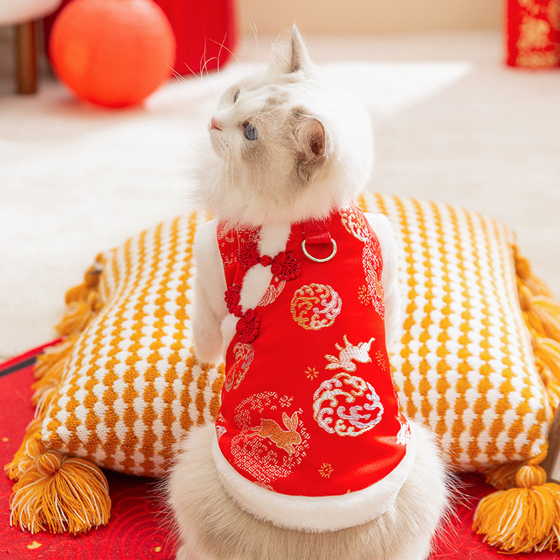 KFX-4084285 Lunar New Year Cotton-Padded Pet Vest with Brocade Design and Faux Fur Trim for Cats and Dogs
