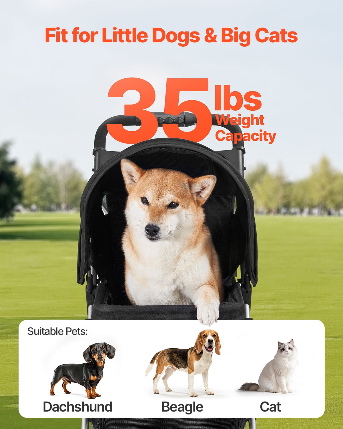 KFX-4087741 Foldable 3-Wheel Pet Stroller with Brake for Small Dogs and Cats, Up to 35lbs, Travel-Friendly Design