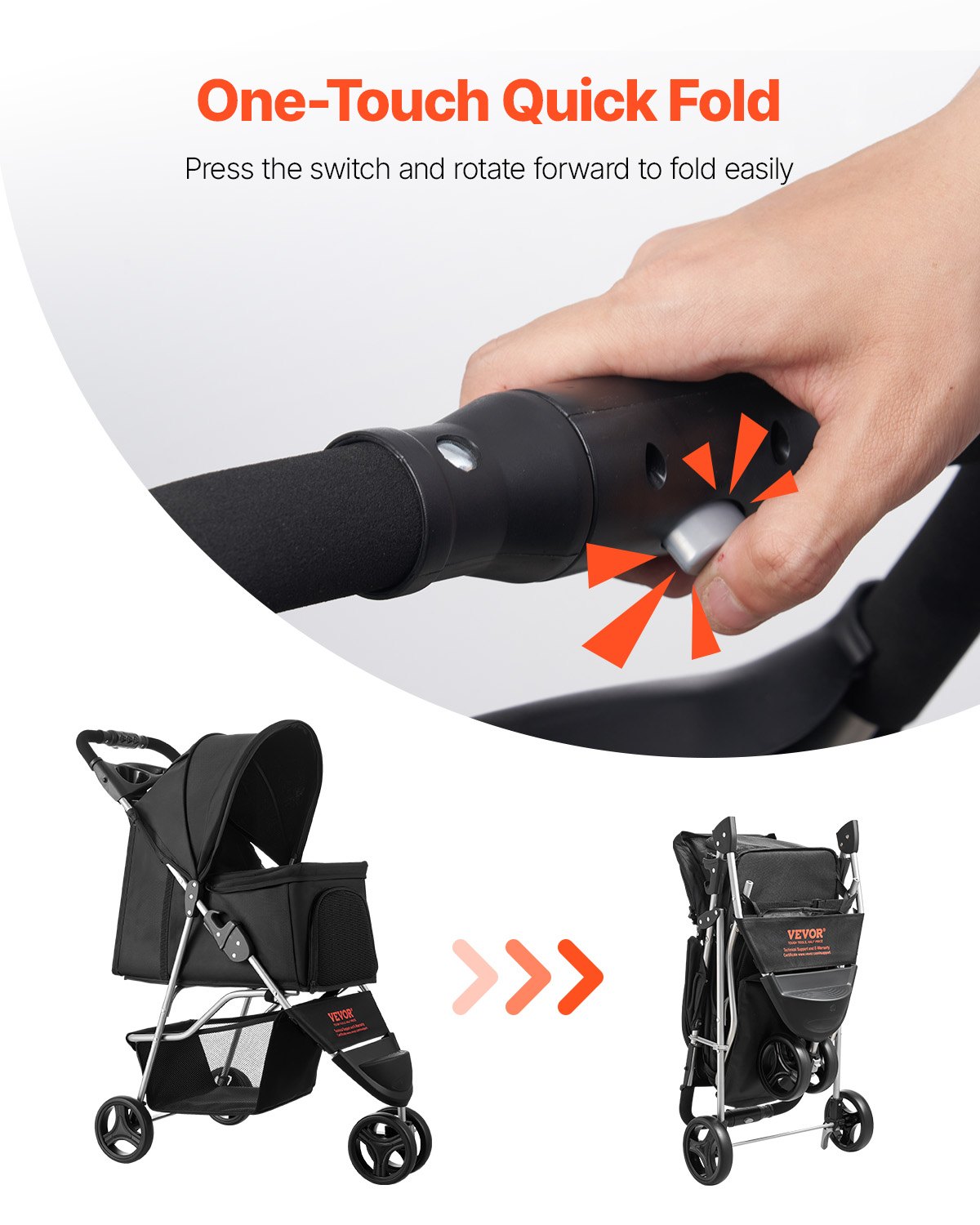 KFX-4087741 Foldable 3-Wheel Pet Stroller with Brake for Small Dogs and Cats, Up to 35lbs, Travel-Friendly Design