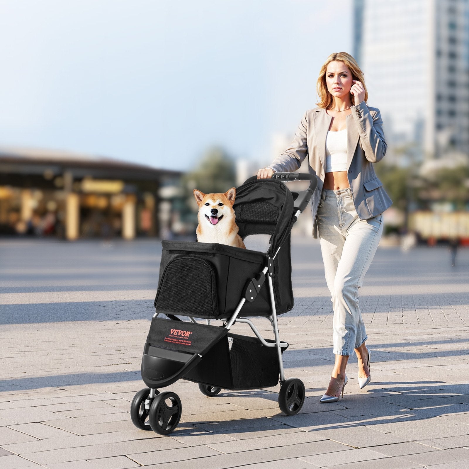 KFX-4087741 Foldable 3-Wheel Pet Stroller with Brake for Small Dogs and Cats, Up to 35lbs, Travel-Friendly Design