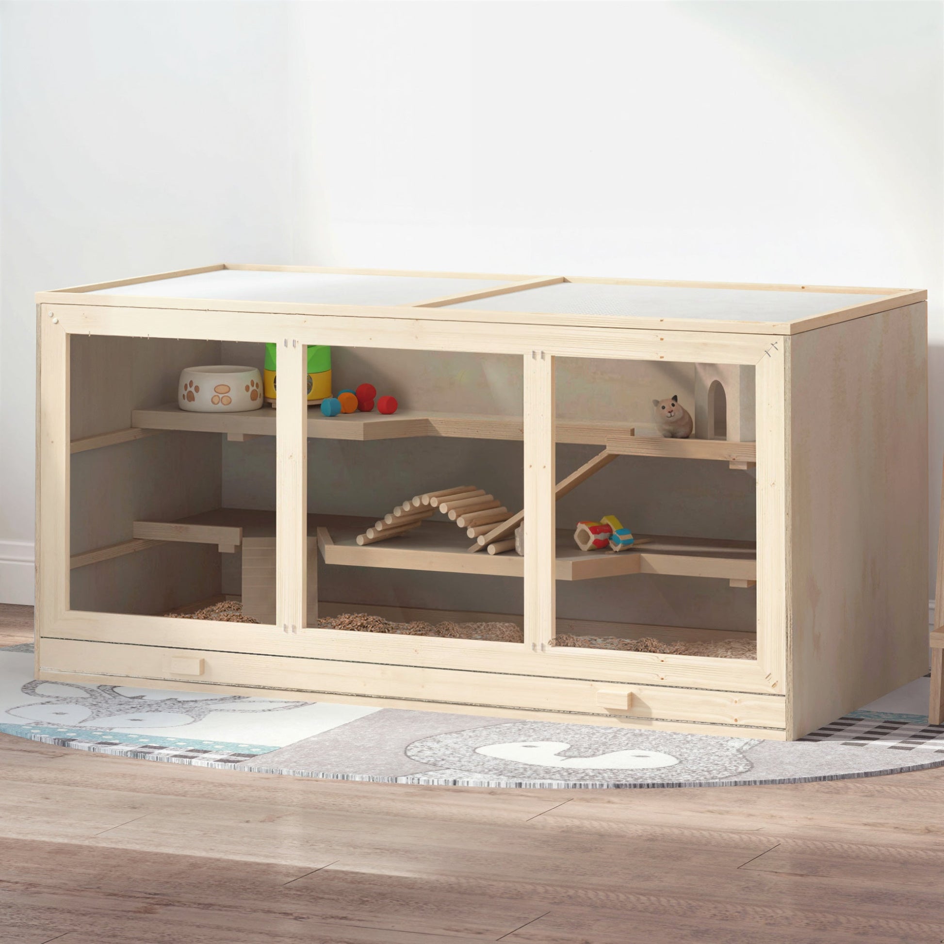 KFX-4089149 Extra Large 45" Wooden Hamster Cage with Multi-Tier Levels, Opening Roof, and PVC Window for Small Animals
