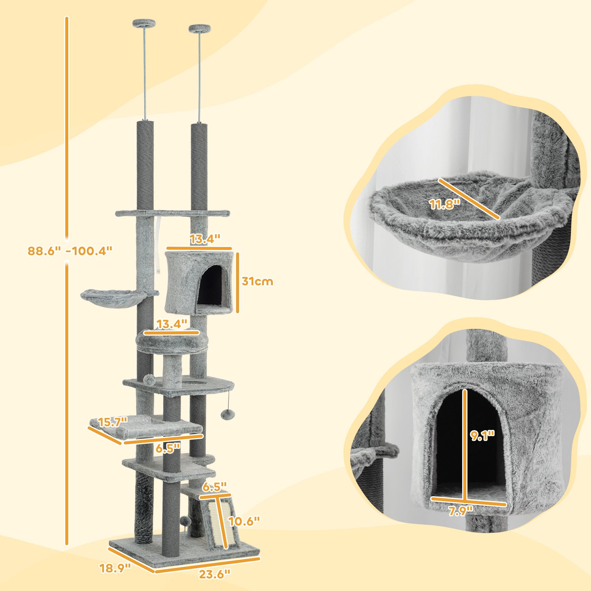KFX-4094525 Floor-to-Ceiling Cat Tree Activity Center with Hammocks, Condo, and Perch - Gray