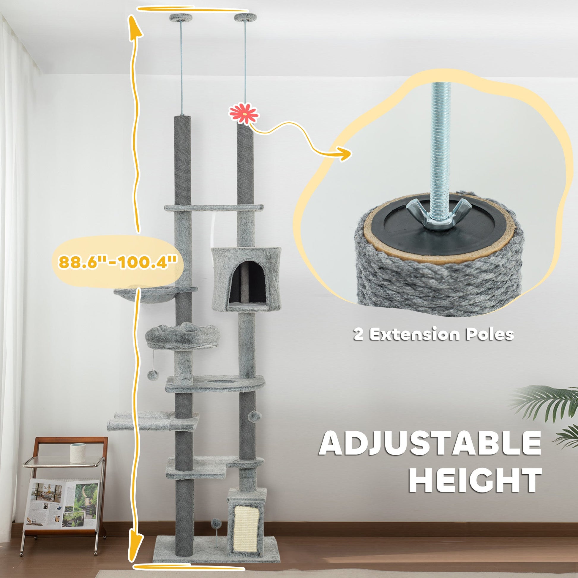 KFX-4094525 Floor-to-Ceiling Cat Tree Activity Center with Hammocks, Condo, and Perch - Gray