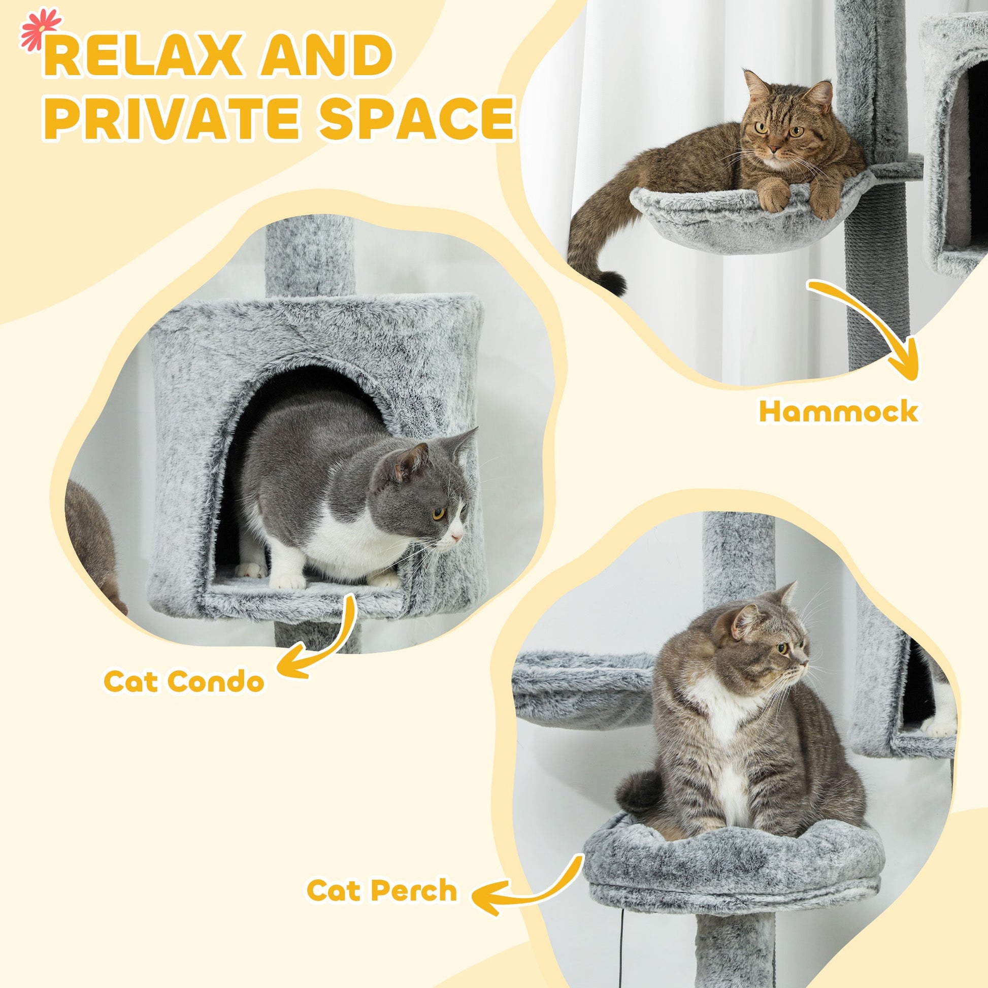 KFX-4094525 Floor-to-Ceiling Cat Tree Activity Center with Hammocks, Condo, and Perch - Gray