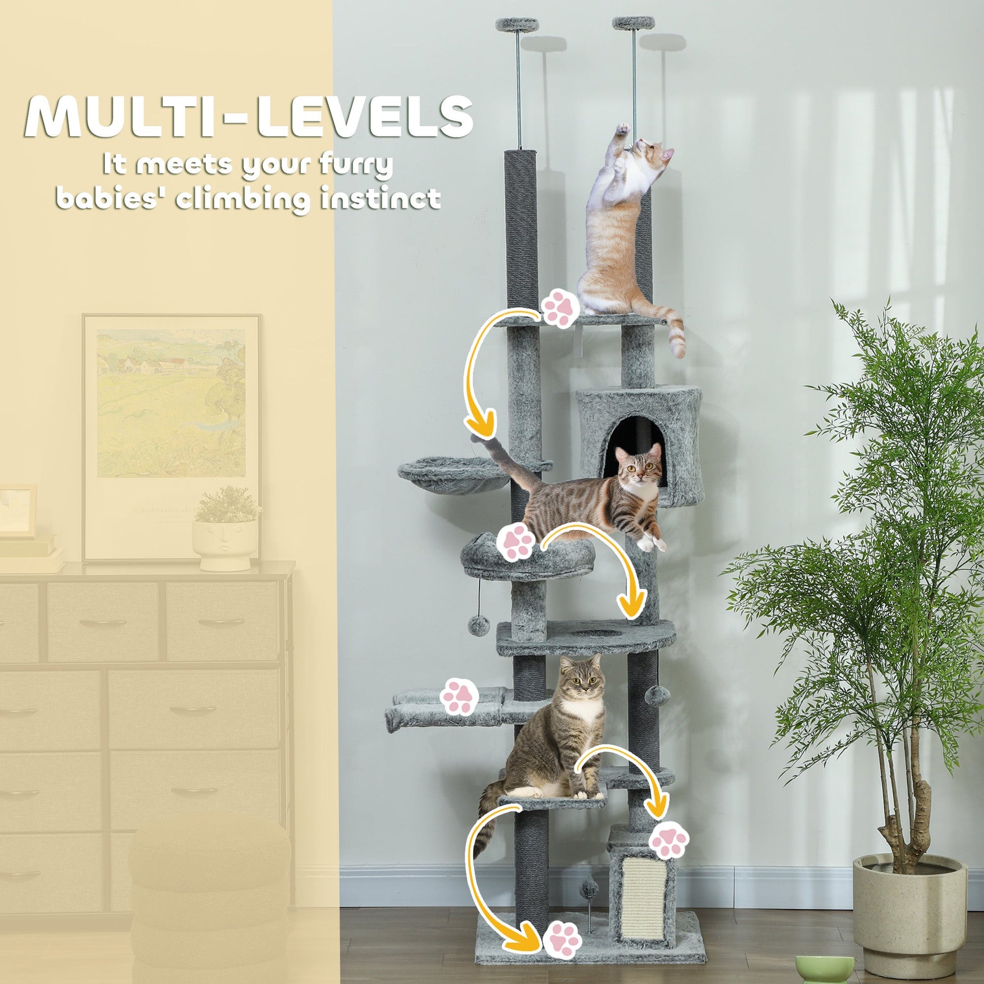 KFX-4094525 Floor-to-Ceiling Cat Tree Activity Center with Hammocks, Condo, and Perch - Gray