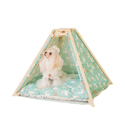 KFX-4101053 Cozy Multilayer Solid Wood Cat Bed with Soft PP Cotton Cushion - Green Alpaca
