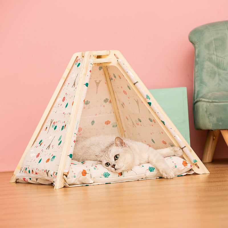 KFX-4101053 Cozy Multilayer Solid Wood Cat Bed with Soft PP Cotton Cushion - Green Alpaca