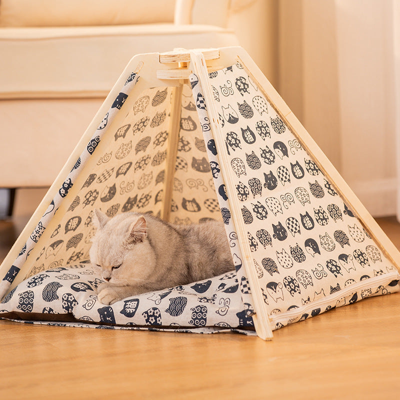 KFX-4101053 Cozy Multilayer Solid Wood Cat Bed with Soft PP Cotton Cushion - Green Alpaca