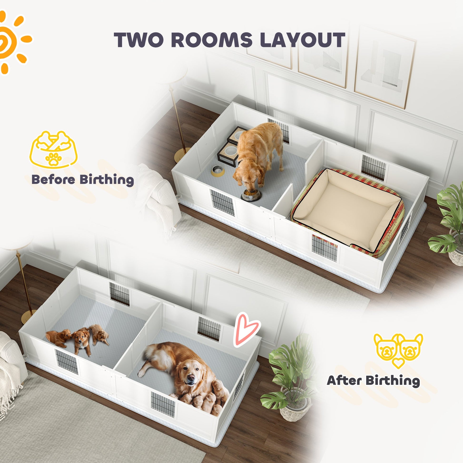 KFX-4102461 Dog Whelping Box with Washable Pee Pad, Adjustable Pine Wood Structure for Large Breeds