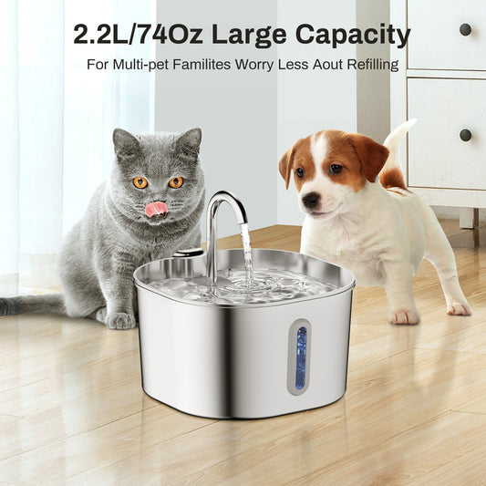KFX-4102845 Stainless Steel Automatic Pet Water Dispenser with Large 2.2L Capacity for Dogs and Cats