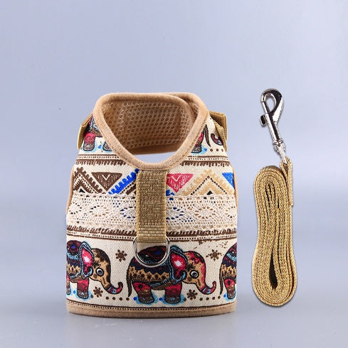 KFX-4105149 Ethnic Style Dog Leash and Chest Strap Suit - Nylon Material, Polka-Dot Design
