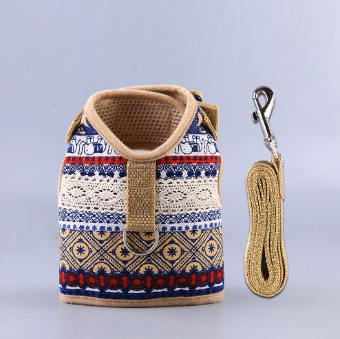 KFX-4105149 Ethnic Style Dog Leash and Chest Strap Suit - Nylon Material, Polka-Dot Design