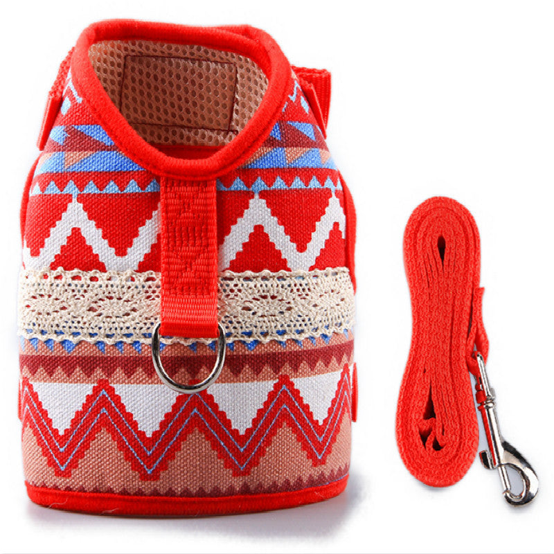 KFX-4105149 Ethnic Style Dog Leash and Chest Strap Suit - Nylon Material, Polka-Dot Design