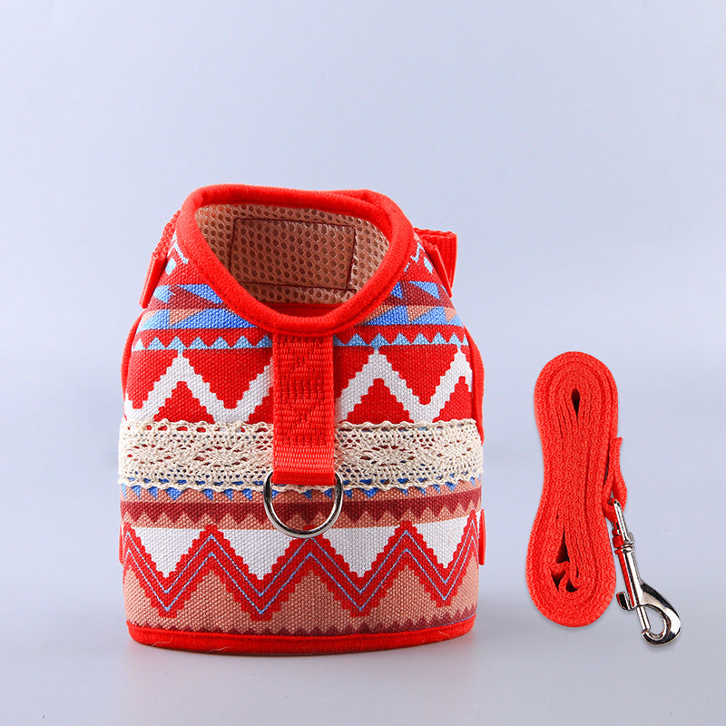 KFX-4105149 Ethnic Style Dog Leash and Chest Strap Suit - Nylon Material, Polka-Dot Design
