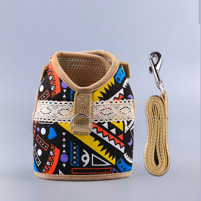 KFX-4105149 Ethnic Style Dog Leash and Chest Strap Suit - Nylon Material, Polka-Dot Design