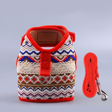 KFX-4105149 Ethnic Style Dog Leash and Chest Strap Suit - Nylon Material, Polka-Dot Design