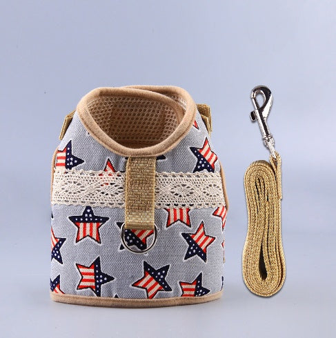 KFX-4105149 Ethnic Style Dog Leash and Chest Strap Suit - Nylon Material, Polka-Dot Design
