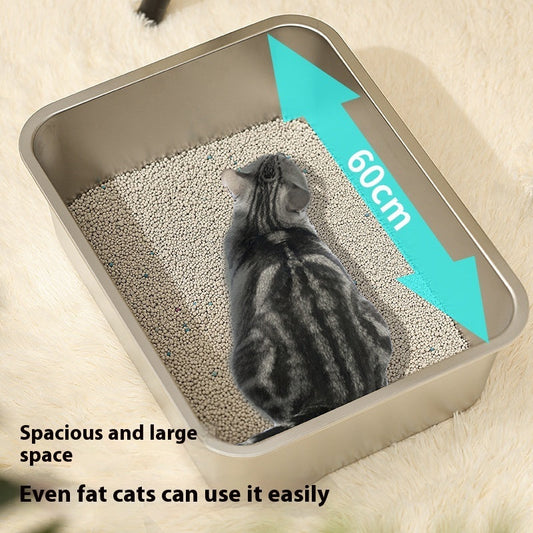 KFX-4108221 Durable Stainless Steel Litter Box - Large Anti-Wear and Anti-Corrosion Design (60x40x20 cm)