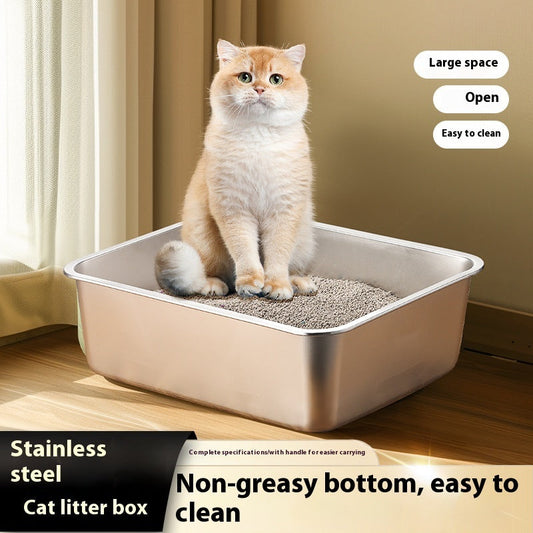 KFX-4108221 Durable Stainless Steel Litter Box - Large Anti-Wear and Anti-Corrosion Design (60x40x20 cm)