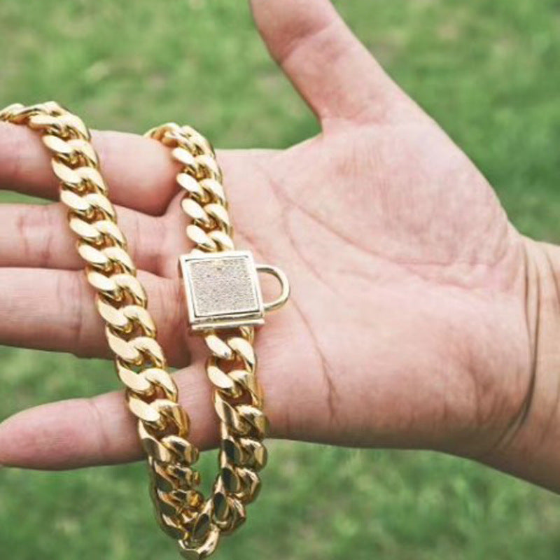 KFX-4108733 Gold Titanium Steel Dog Collar with Encryption Chain Buckle - Multiple Sizes Available