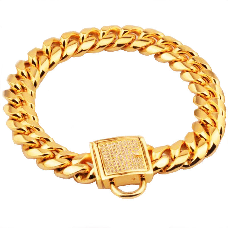 KFX-4108733 Gold Titanium Steel Dog Collar with Encryption Chain Buckle - Multiple Sizes Available
