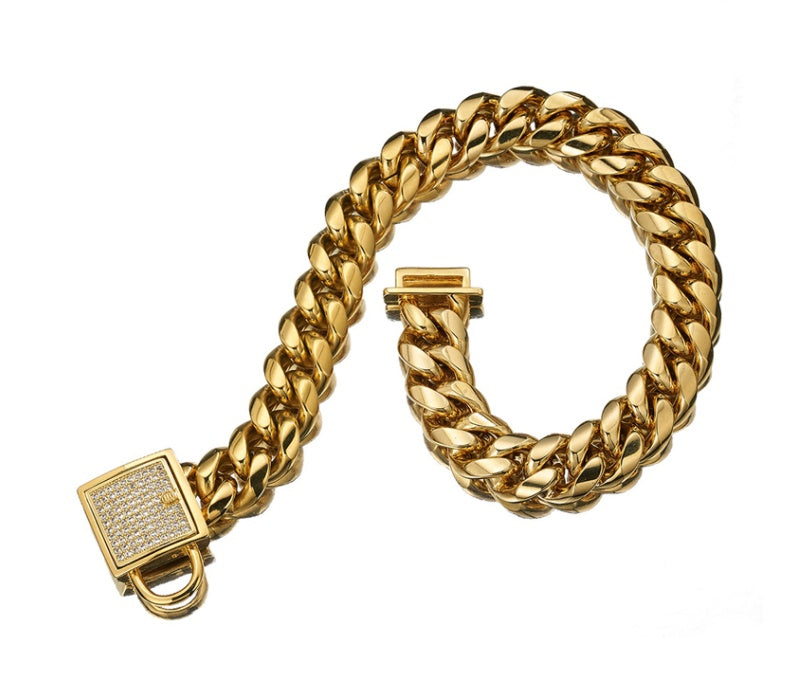 KFX-4108733 Gold Titanium Steel Dog Collar with Encryption Chain Buckle - Multiple Sizes Available