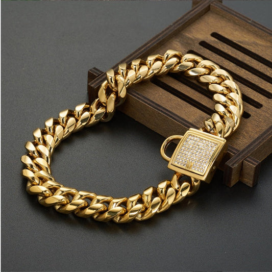 KFX-4108733 Gold Titanium Steel Dog Collar with Encryption Chain Buckle - Multiple Sizes Available