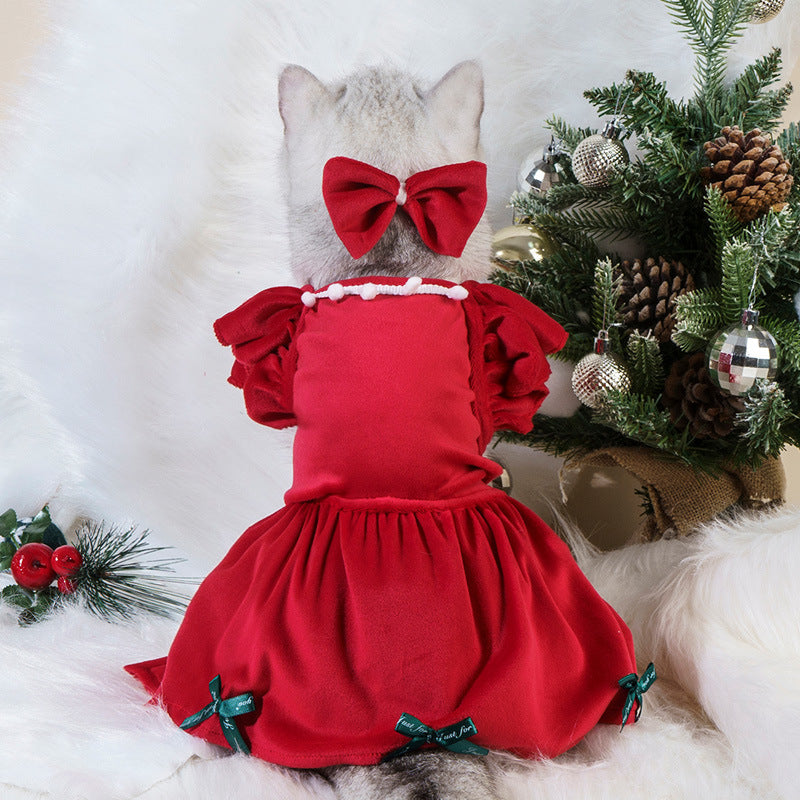 KFX-4113085 Silver Fox Velvet Dog Christmas Dress with Headdress Flower - Autumn & Winter Pet Clothing