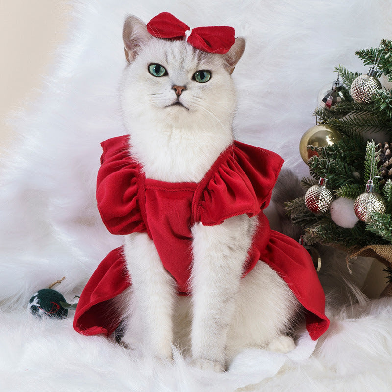 KFX-4113085 Silver Fox Velvet Dog Christmas Dress with Headdress Flower - Autumn & Winter Pet Clothing