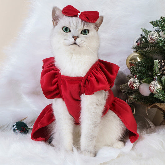 KFX-4113085 Silver Fox Velvet Dog Christmas Dress with Headdress Flower - Autumn & Winter Pet Clothing