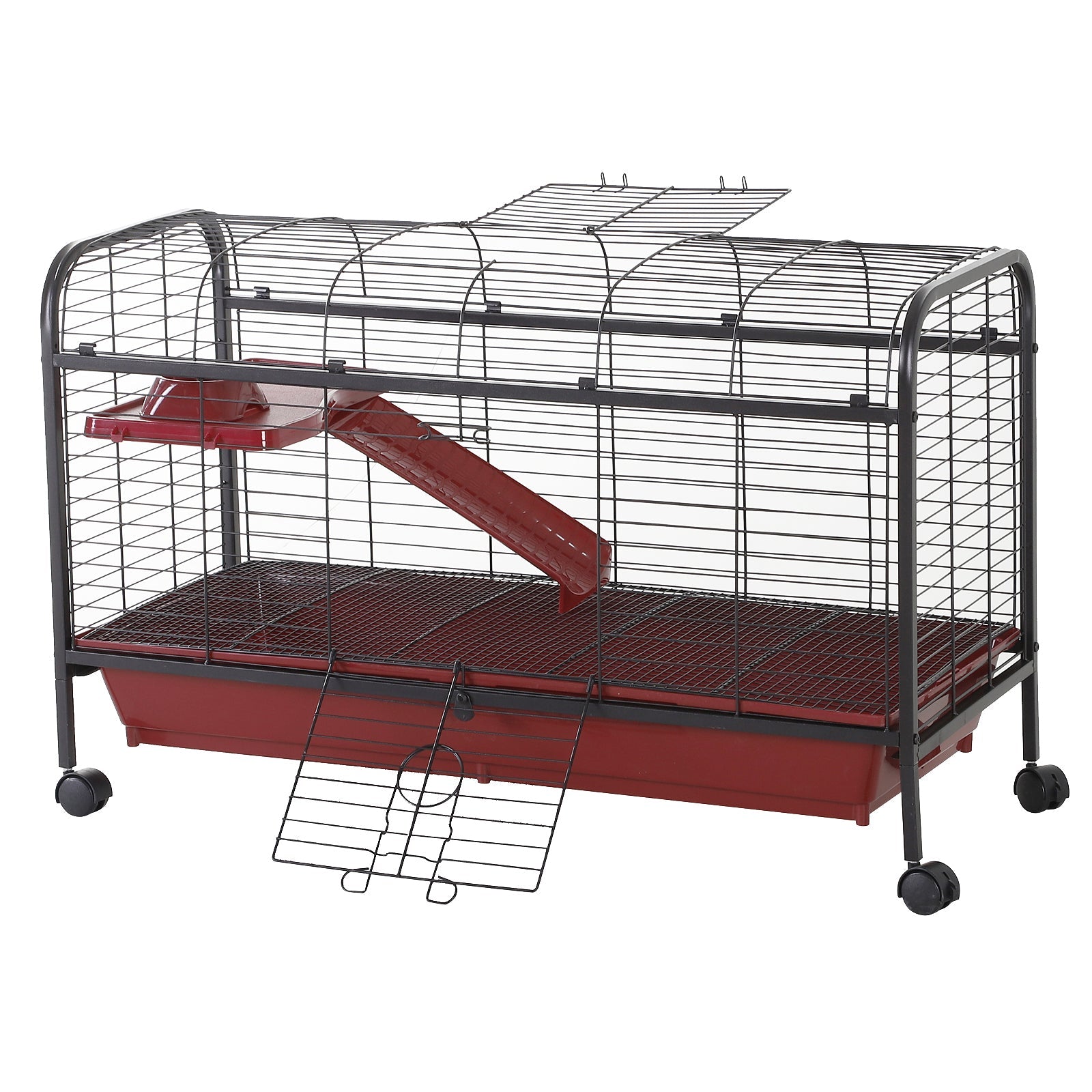 KFX-4116157 41" Small Animal Cage with Wheeled Stand, Ramp, Feeder, and Platform for Rabbits and Ferrets