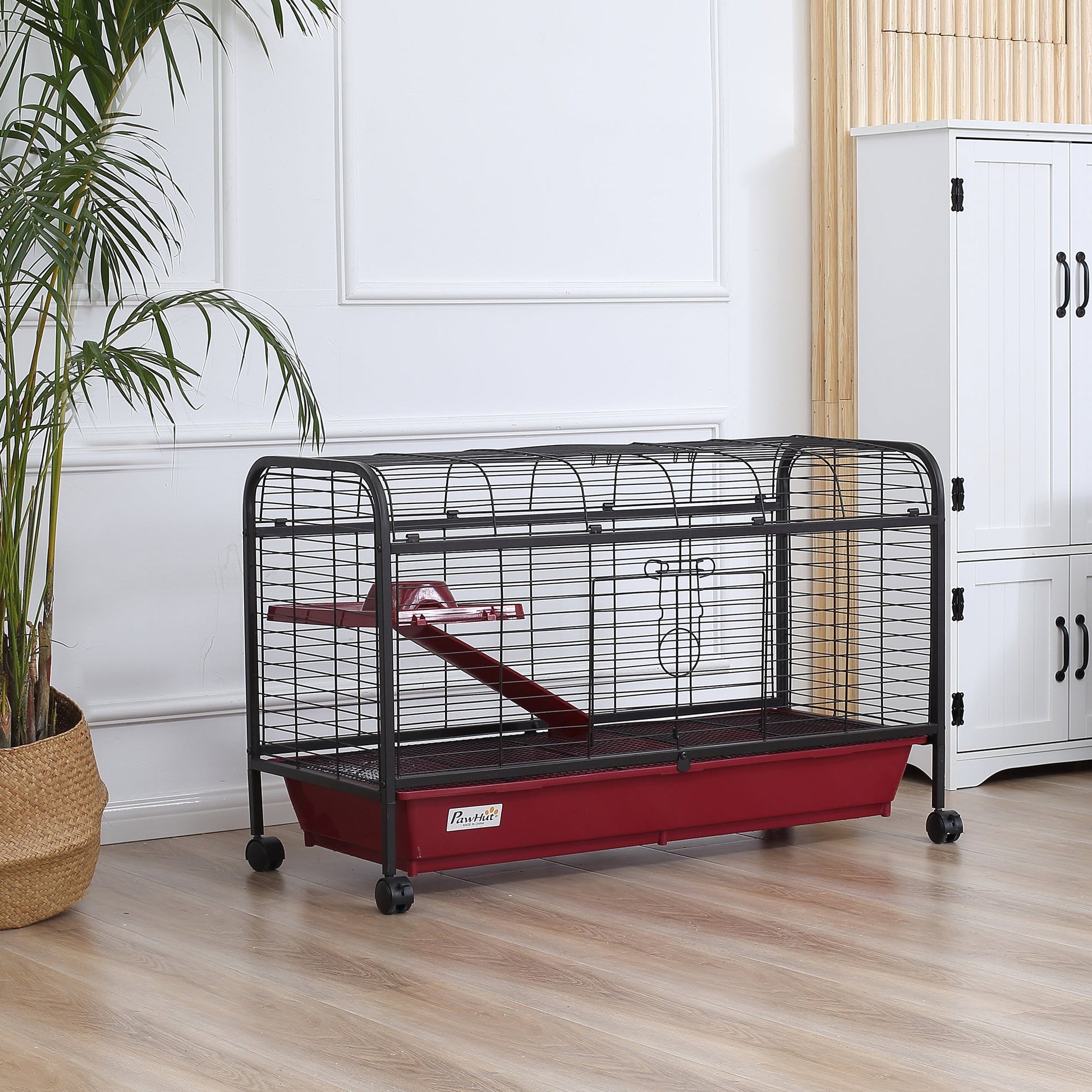 KFX-4116157 41" Small Animal Cage with Wheeled Stand, Ramp, Feeder, and Platform for Rabbits and Ferrets