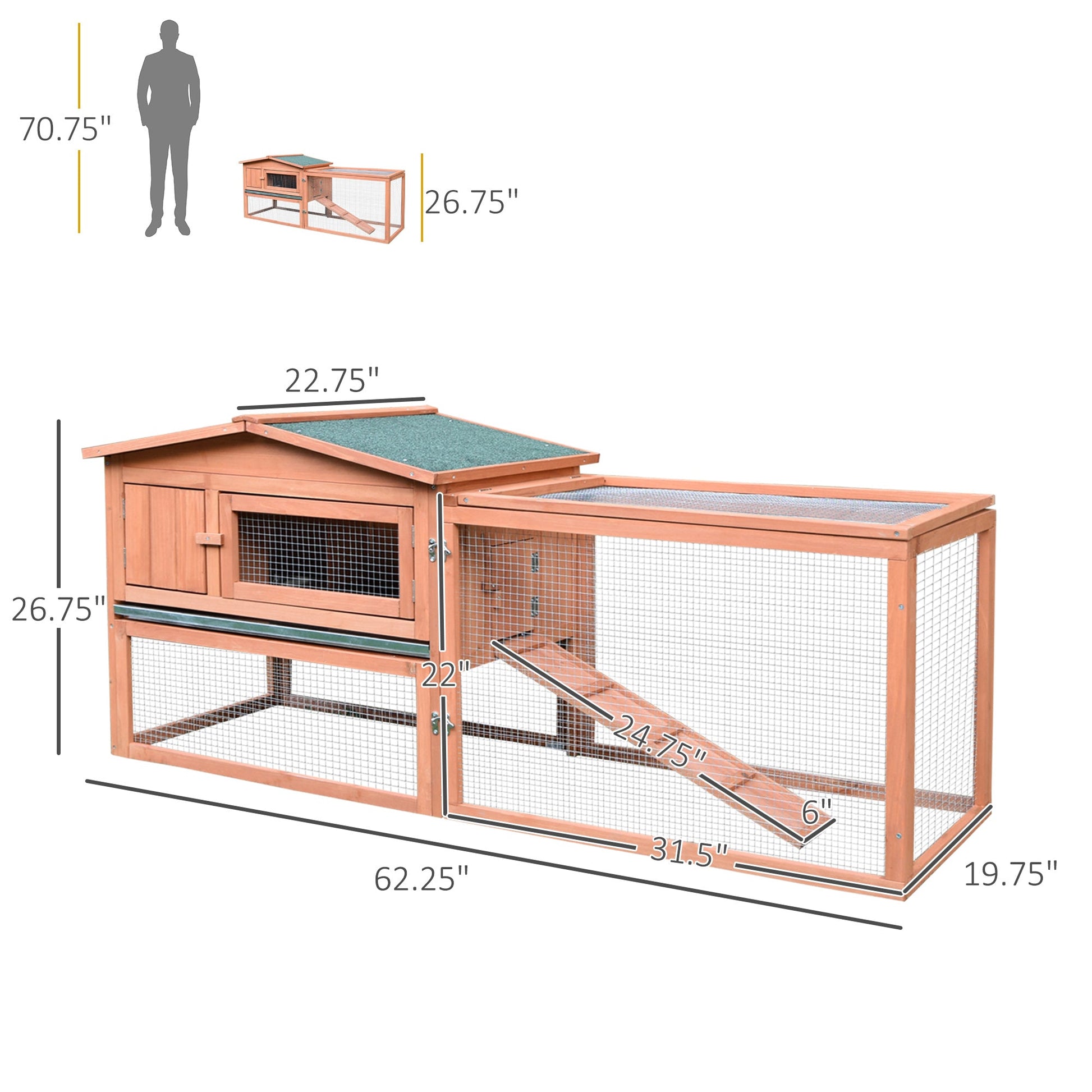 KFX-4121917 Outdoor Wooden Rabbit Hutch with Detachable Run, 62" Animal Habitat for Small Pets