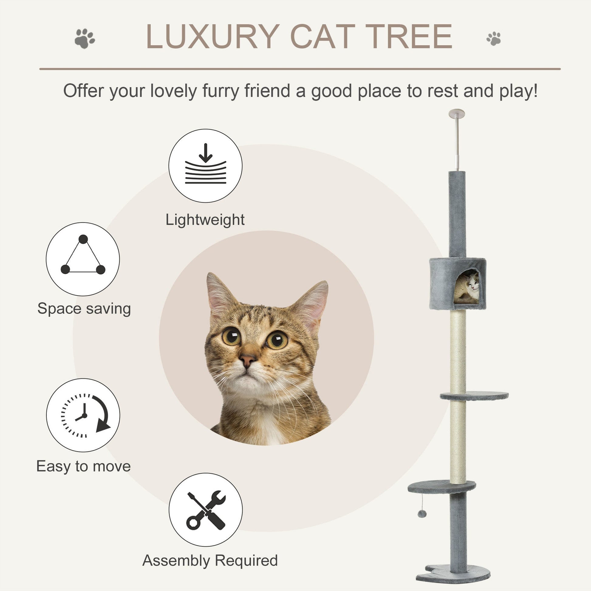 KFX-4127293 85.5" Adjustable Floor-to-Ceiling Cat Tree with 4-Tiers, Scratching Posts, Condo, and Toys in Light Grey