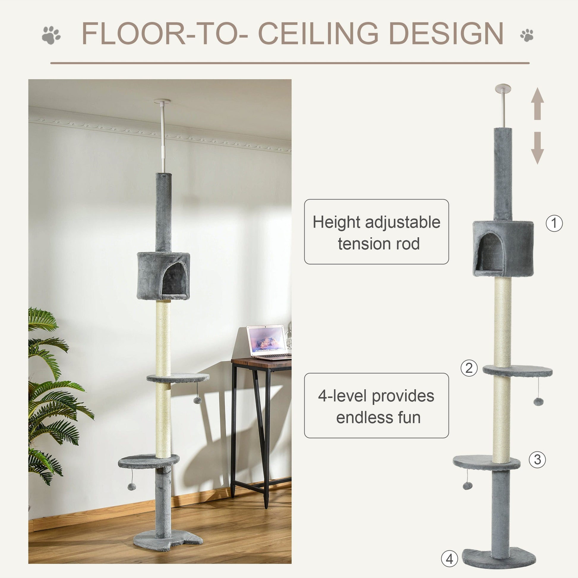 KFX-4127293 85.5" Adjustable Floor-to-Ceiling Cat Tree with 4-Tiers, Scratching Posts, Condo, and Toys in Light Grey